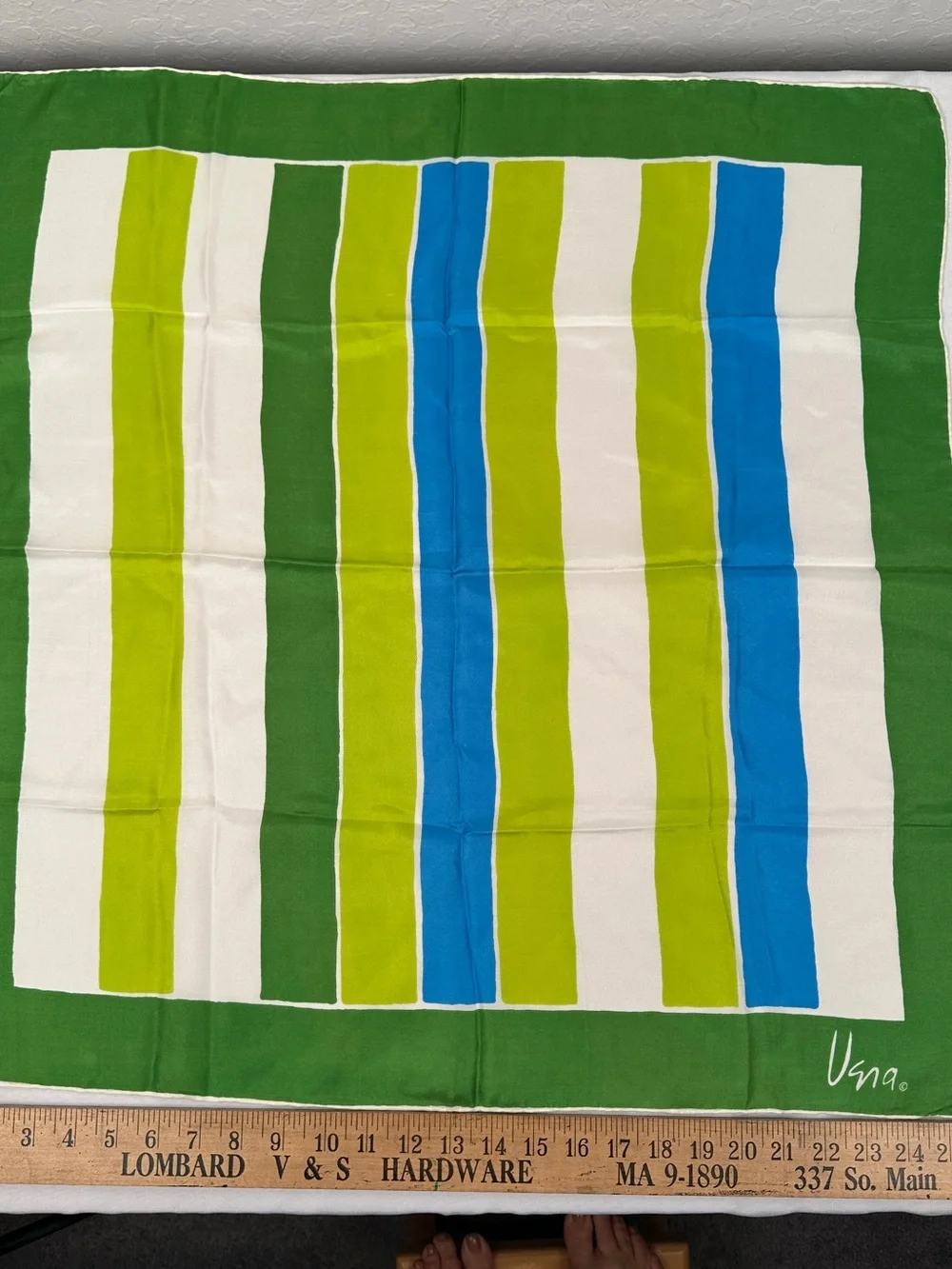 Vintage Vera Neumann Silk Japan Striped Green, Blue & White Scarf